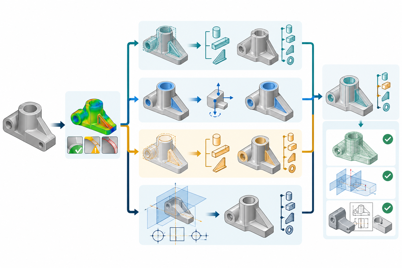 Recovery flow for imported B-rep geometry, separating geometry checks, recognized or rebuilt receiver-side controls, and task-specific validation from original source history.