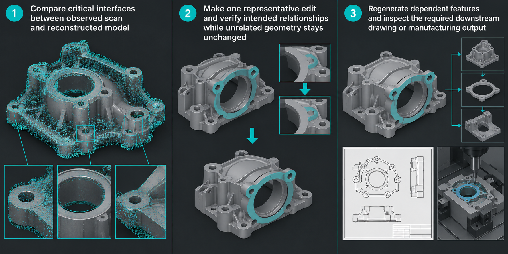 Task-specific scan-to-CAD checks compare interfaces, exercise a representative edit, and inspect regenerated downstream output.