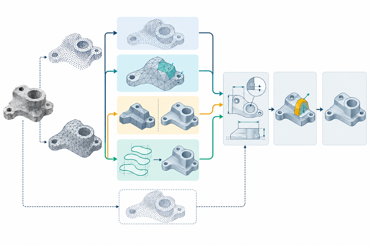 Scan and mesh routes from reference use, supported mesh edits, and conversion to receiver-authored reconstruction, followed by task-specific validation.