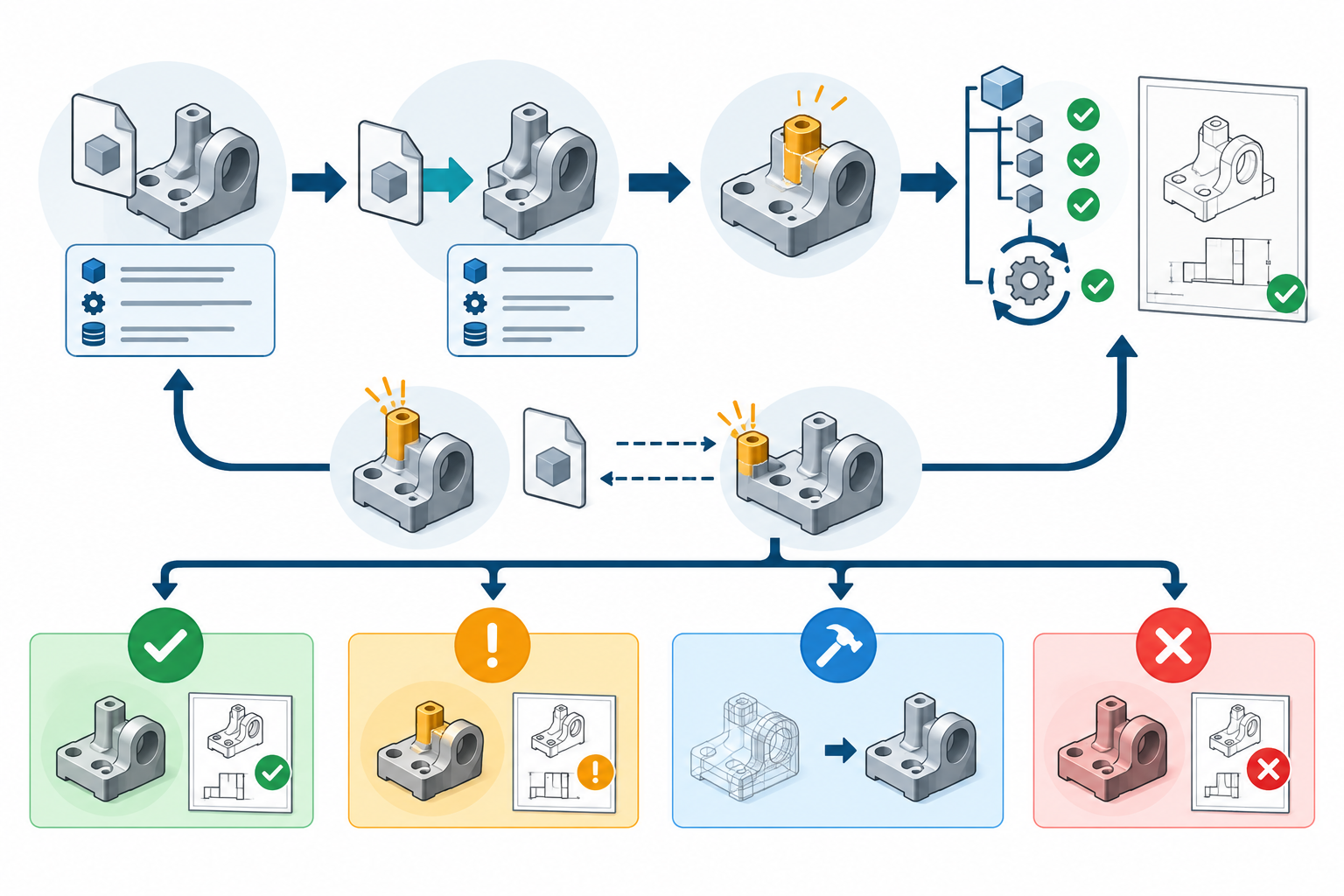 Acceptance workflow for imported CAD: capture route and baseline, test a representative change and downstream result, verify source updates when required, then choose a scoped outcome.