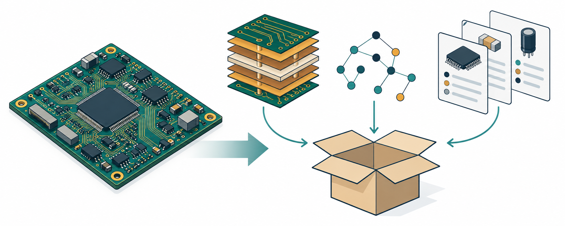 A PCB design is separated into board geometry and layers, net relationships, and component-property data before those inputs enter an analysis receiver.