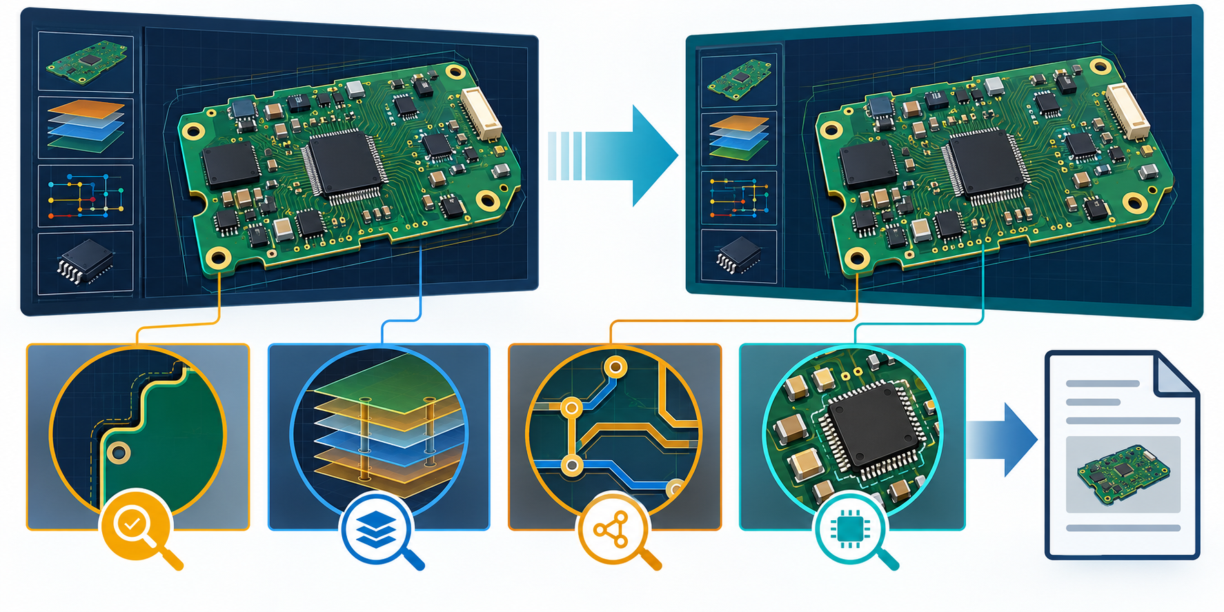 Source and imported PCB models aligned for review of outline, stackup, connectivity, and component-property associations before analysis.