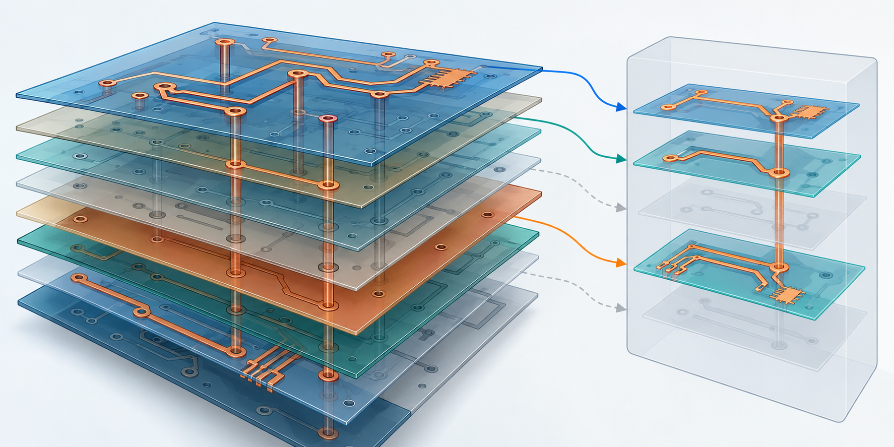 A multilayer PCB with selected copper traces and nets mapped into a receiver model while other layers remain unselected.