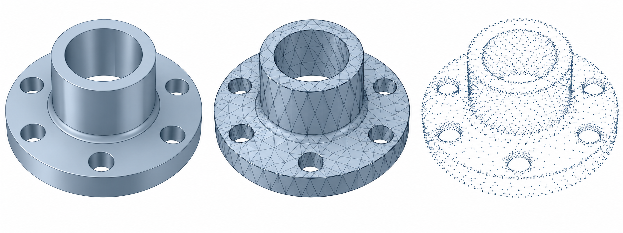 Exact surfaces, a faceted approximation, and scan samples shown as distinct shape representations