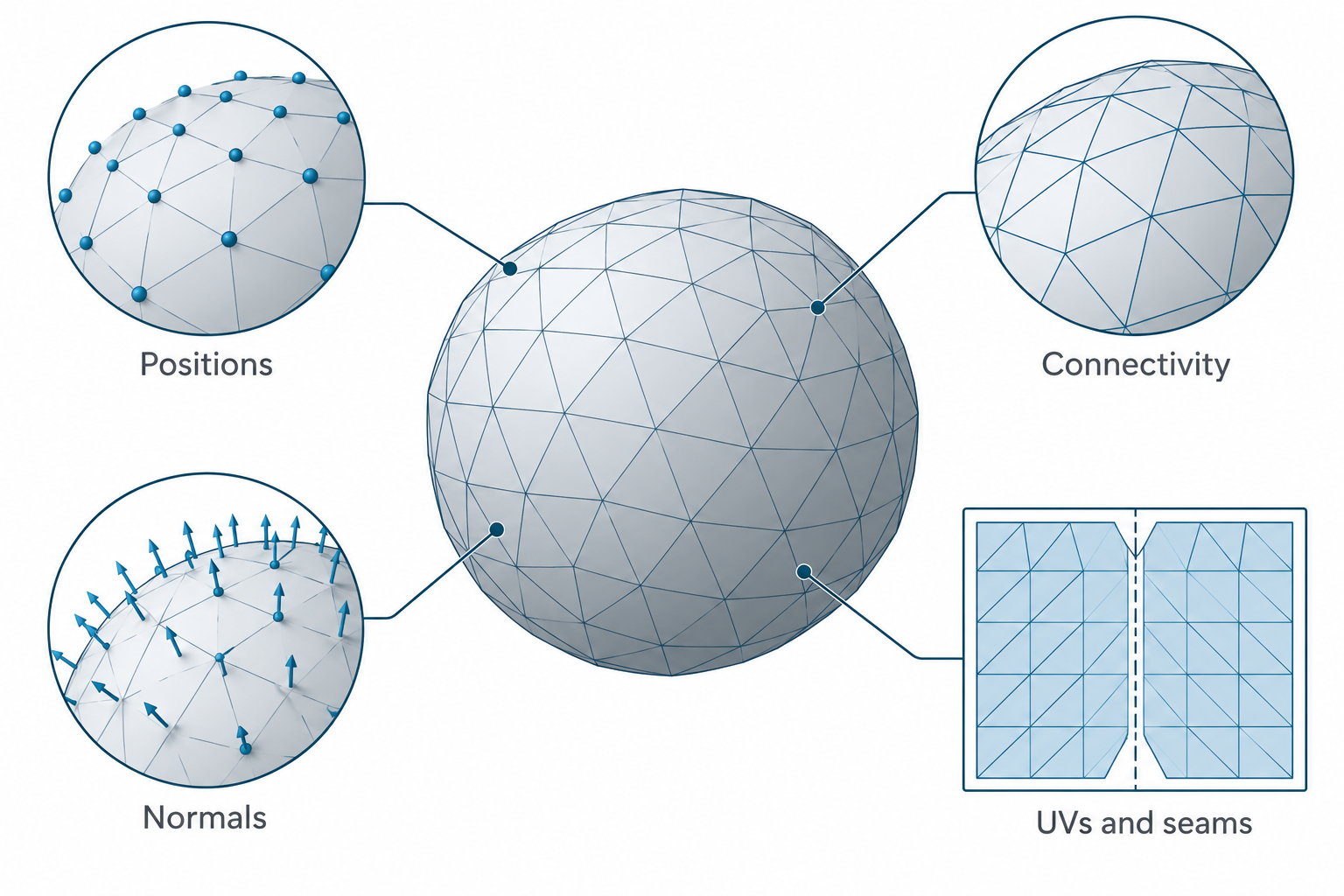 Mesh payload layers showing positions, connectivity, normals, and UV seams