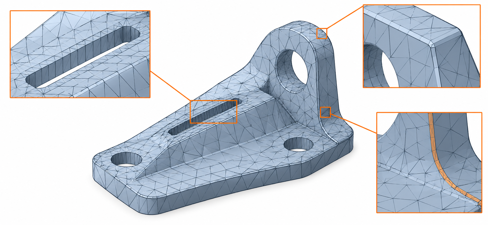 A reduced mesh with a narrow slot, sharp boundary, and UV seam highlighted as features to verify