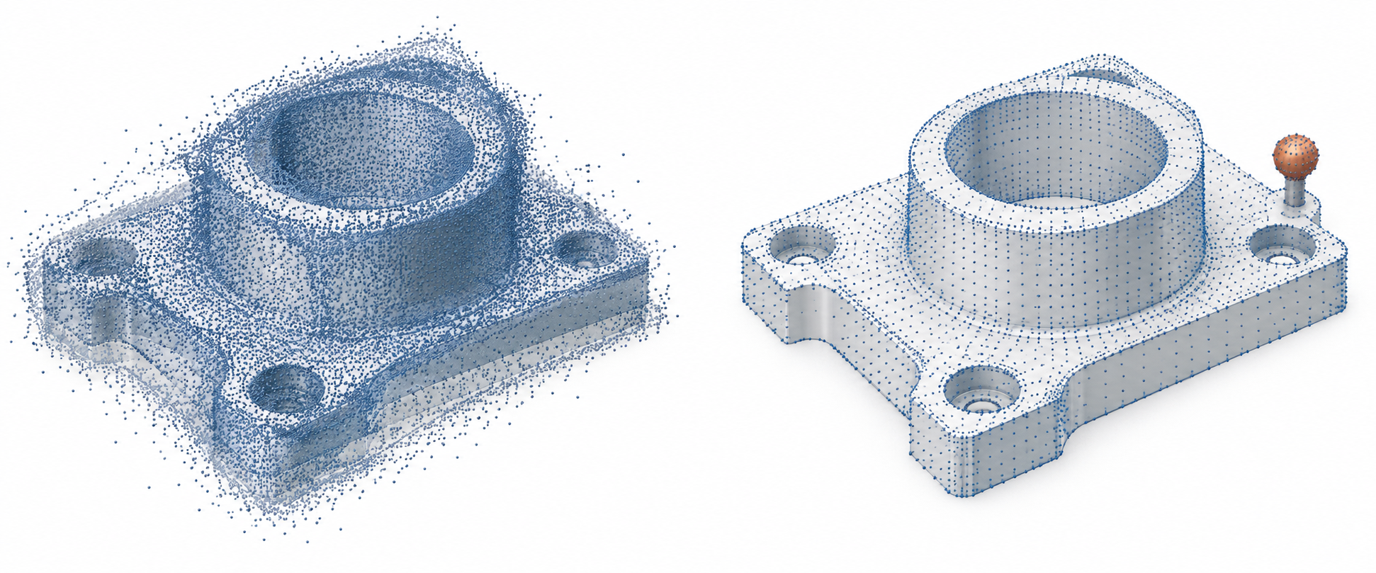 A dense noisy scan with shifted alignment compared with a sparser scan aligned to a reference, showing density and accuracy are different