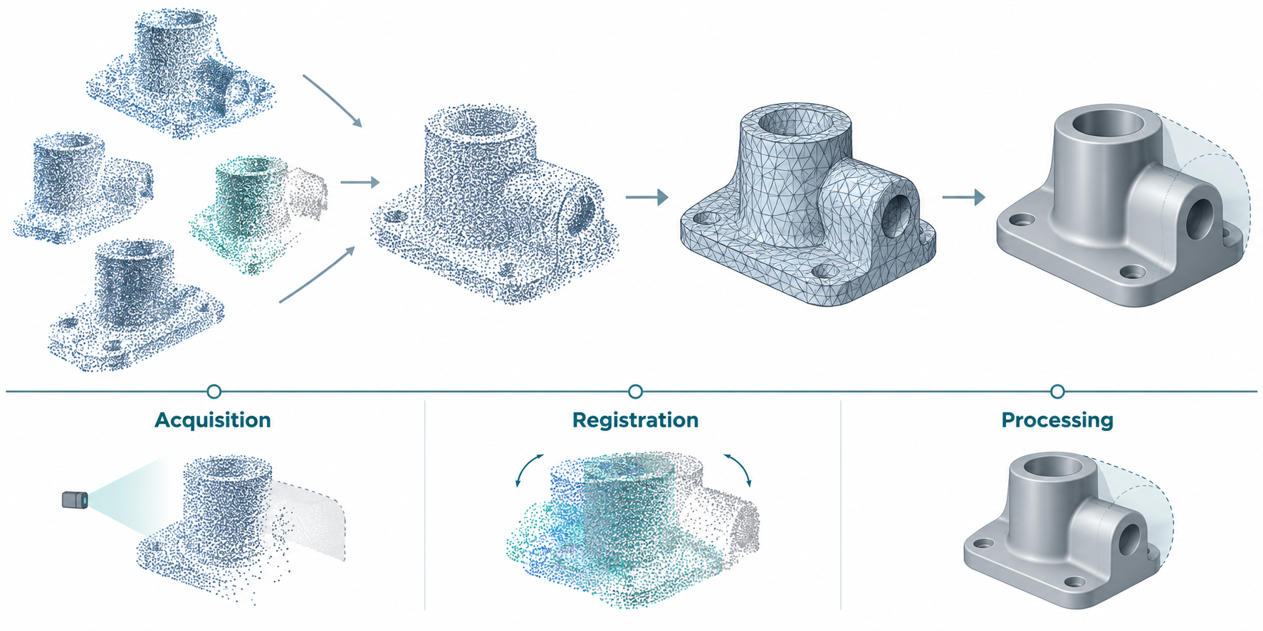 Scan points progressing through registration and processing into derived geometry