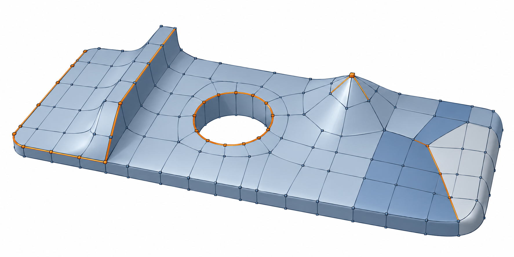 Subdivision evaluation affected by crease sharpness, boundary edges, a hole, corner sharpness, and face-corner attributes