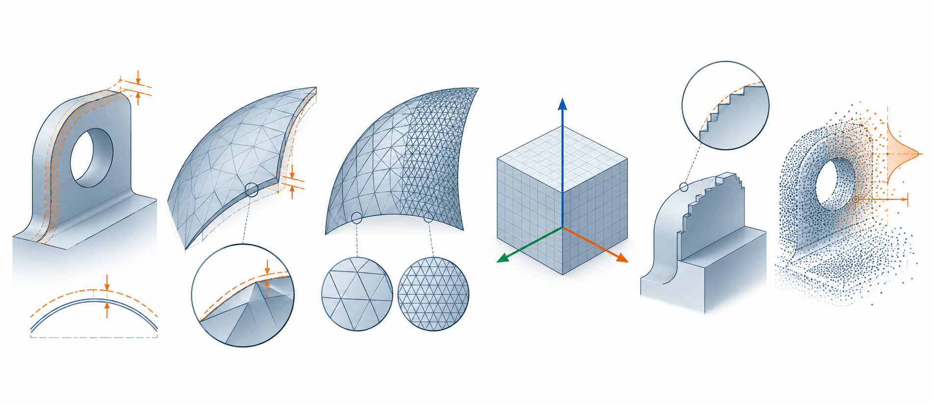 Kernel tolerance, tessellation deviation, mesh density, units, numeric precision, and scan uncertainty shown as separate precision layers