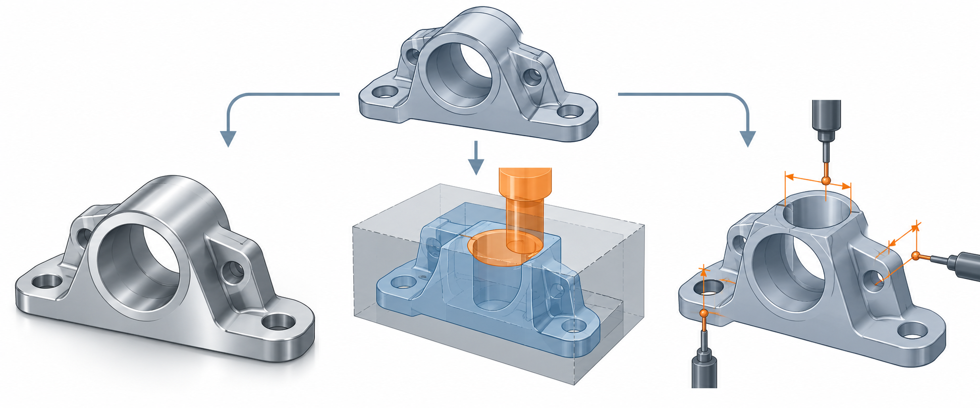 One mechanical component prepared for rendering, a boolean operation, and dimensional inspection, with a different check for each task