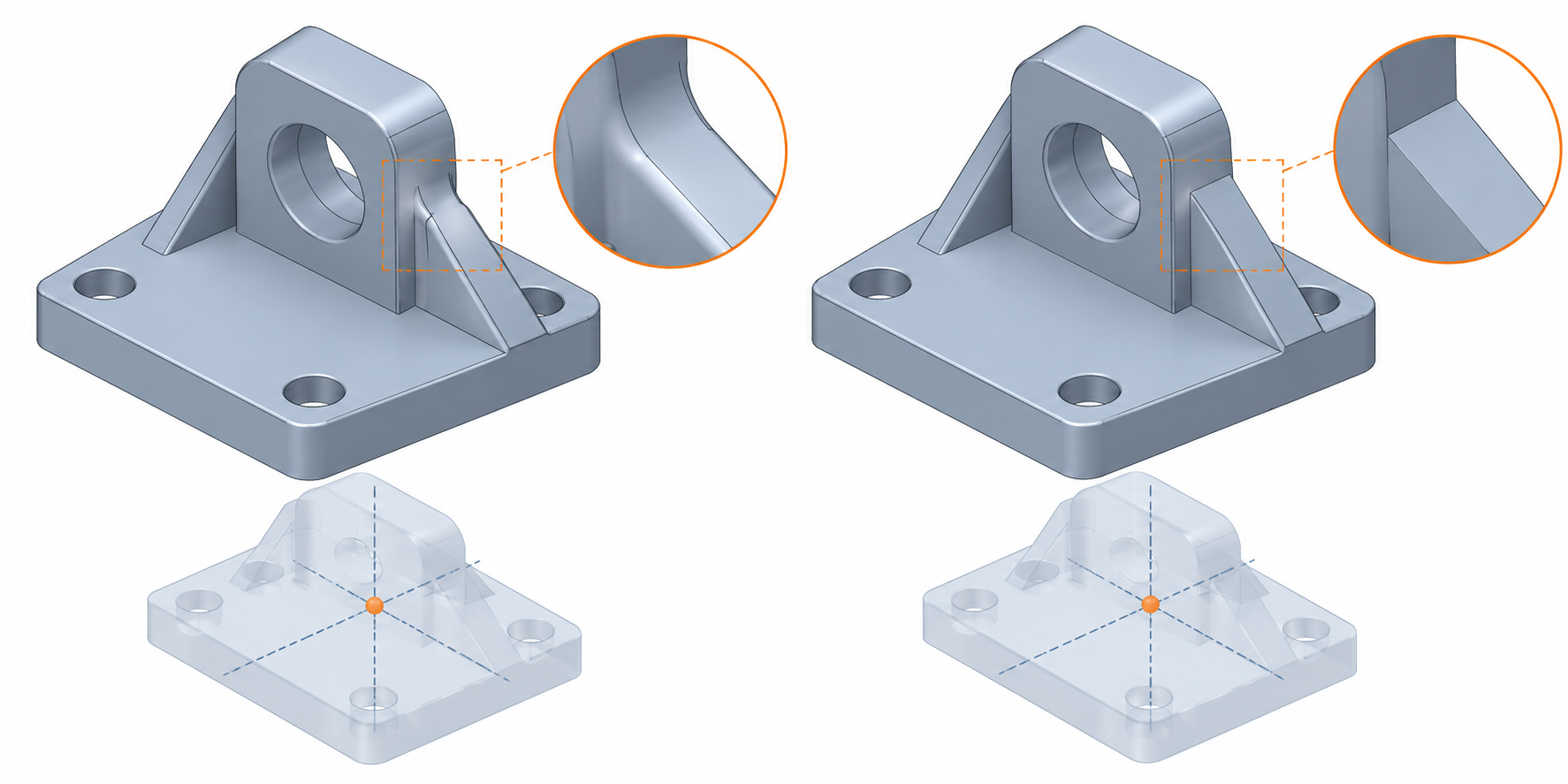 Models with matching aggregate volume and centroid but a localized missing fillet visible in the received geometry