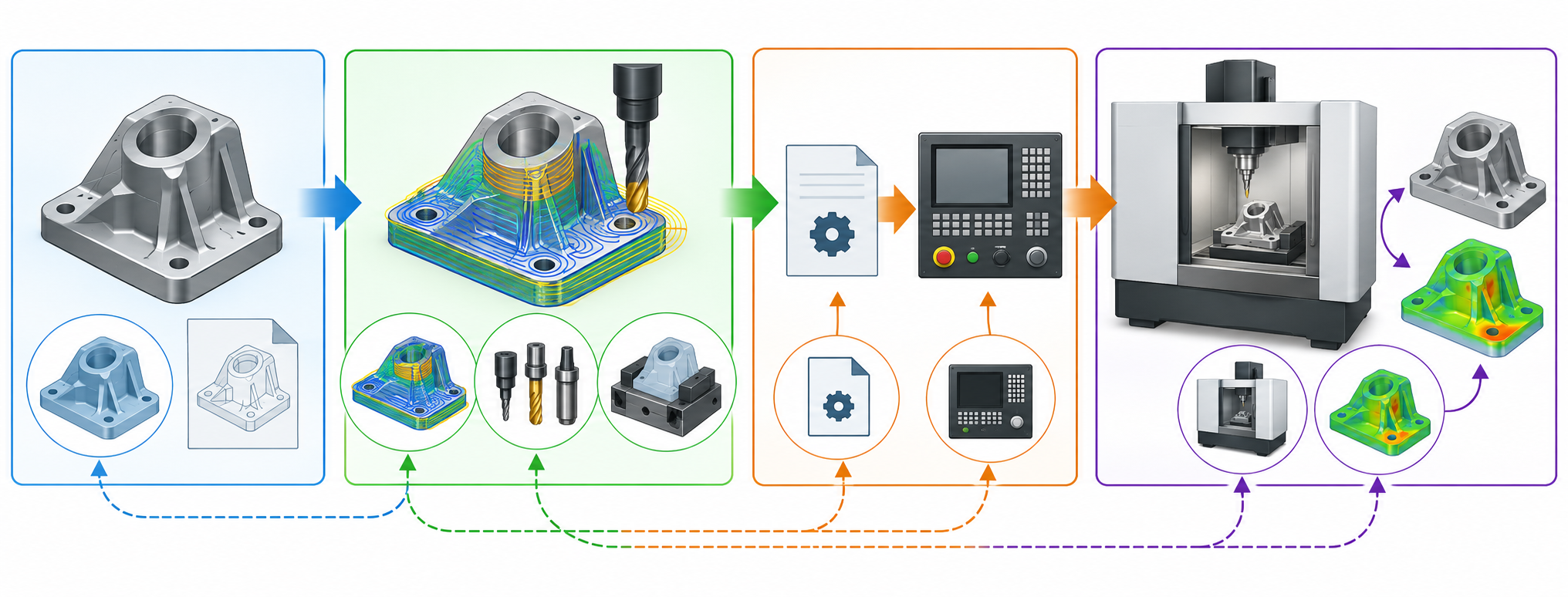 Three separate handoff boundaries connect design definition, CAM planning, controller output, and machine verification.
