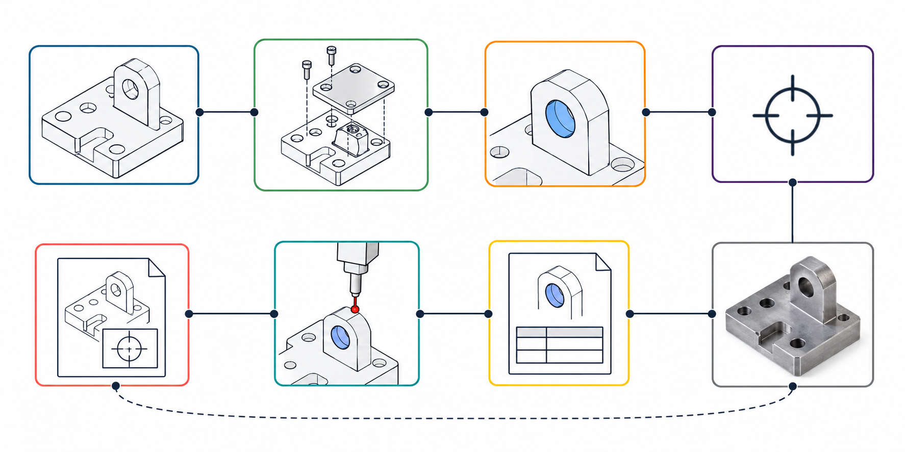 Identity links connect the design revision and characteristic through the plan and result to a specific physical part.