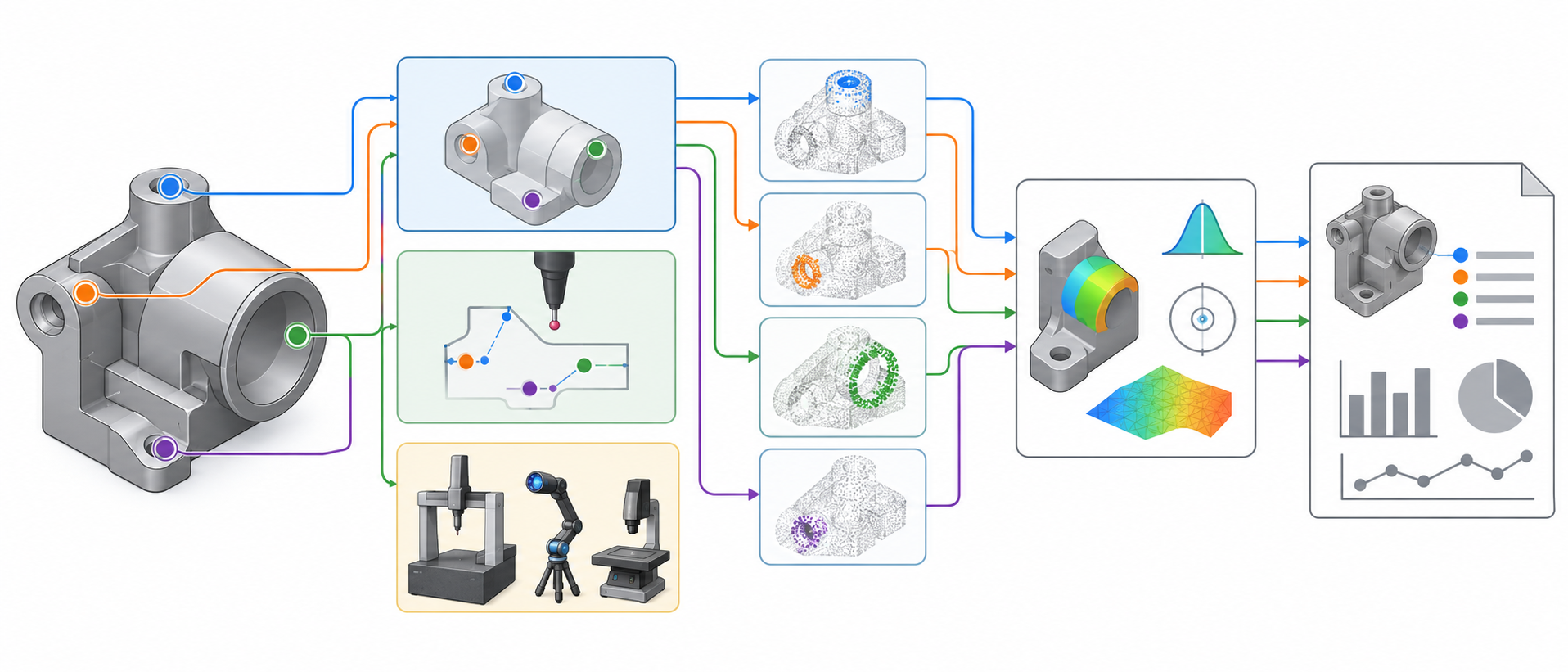 Design characteristics, plans, resources, results, and analysis connected through an inspection information chain.