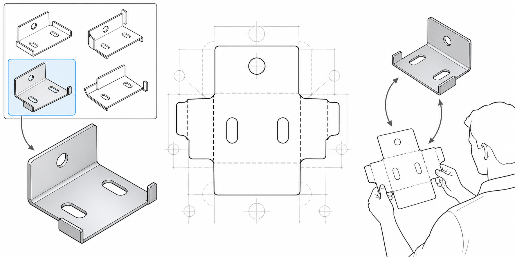 A folded sheet-metal part and its flat pattern with cut, bend, and auxiliary entities separated for receiver interpretation.