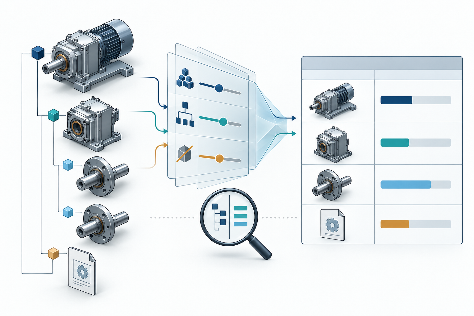 A model structure is transformed by view and report rules into a BOM table with its own grouped rows and quantity fields.