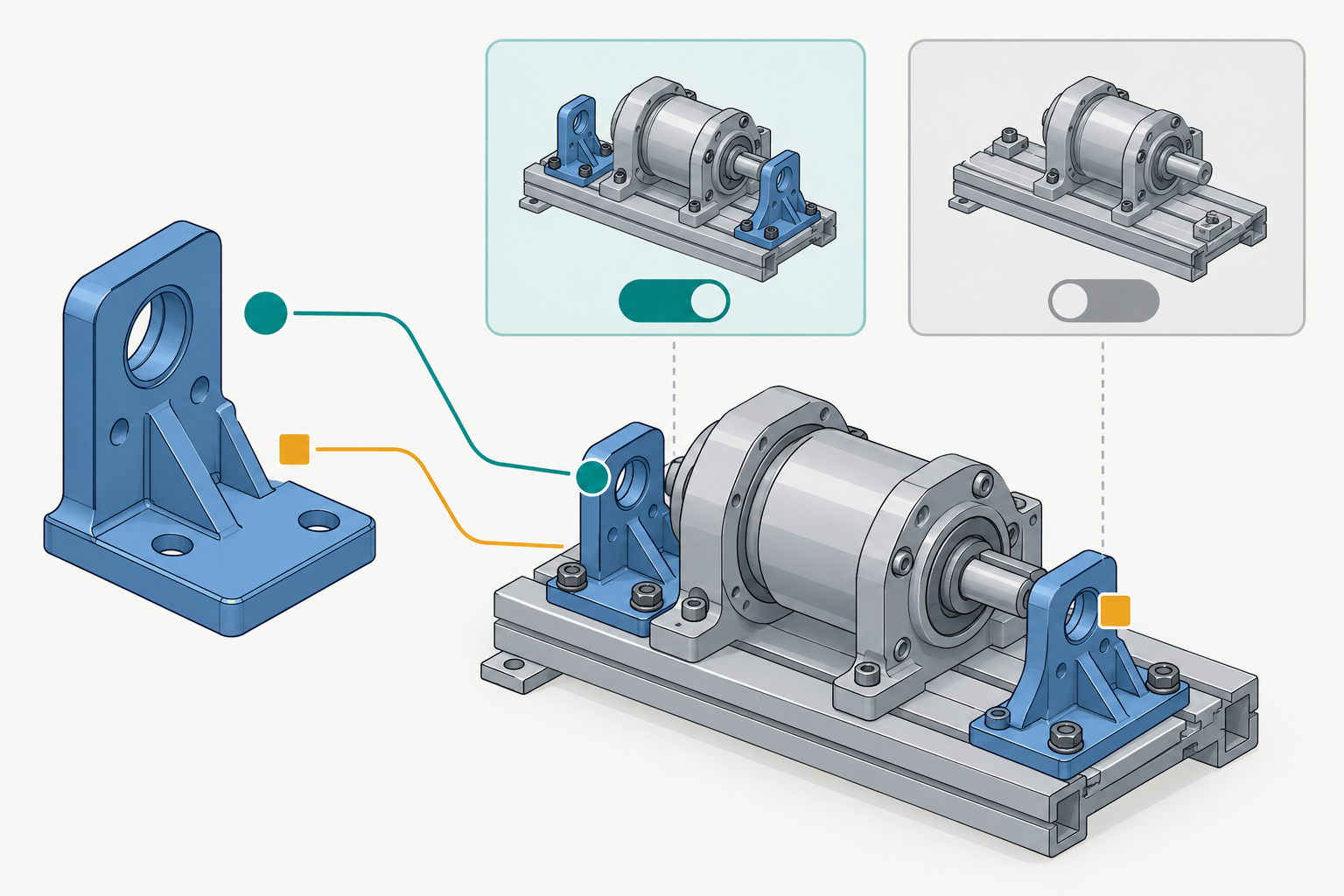 A shared component definition has separately identified occurrences, while the assembly also has distinct selectable states.