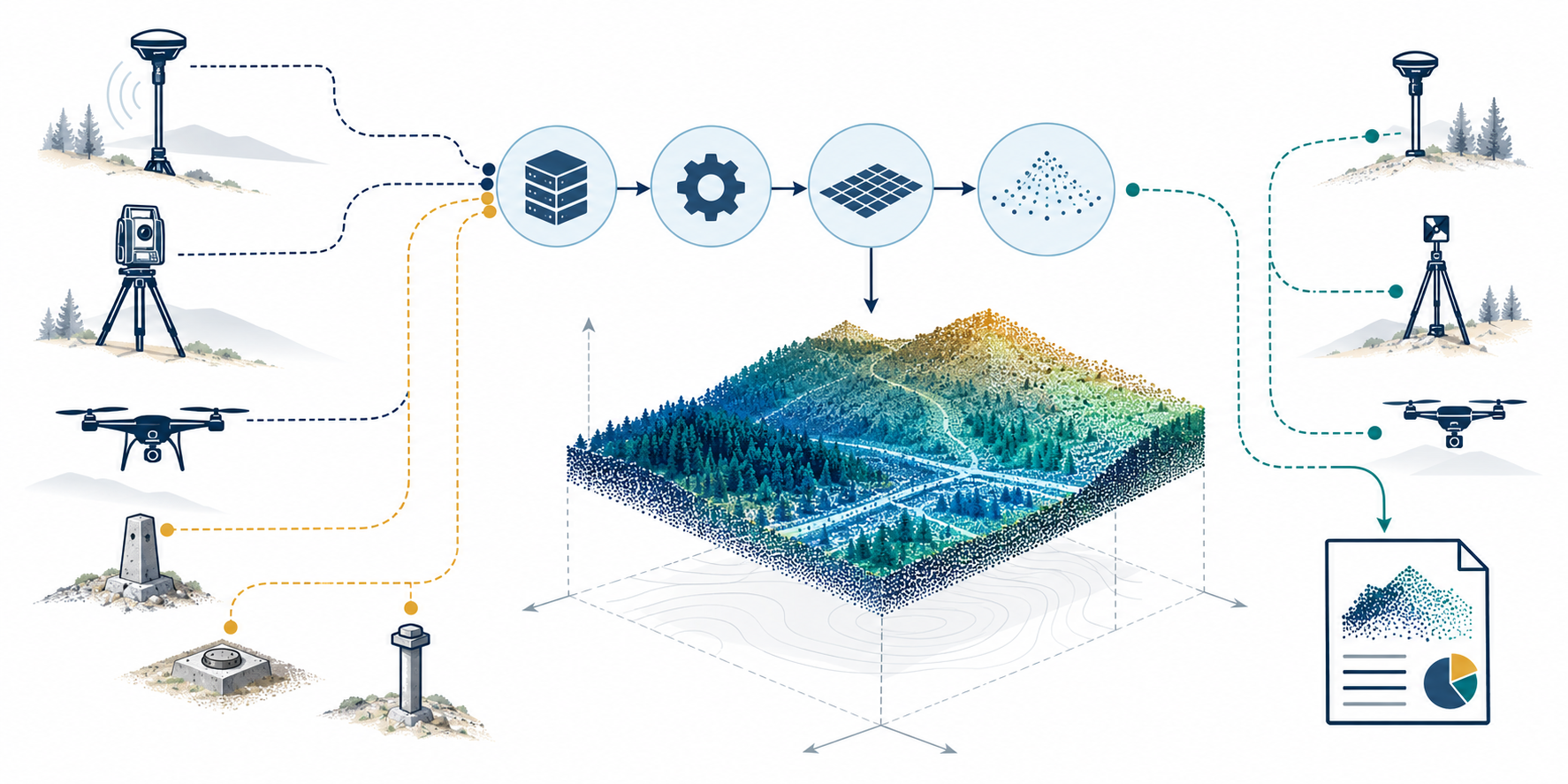 A delivered spatial dataset linked to its source, processing, control points, independent checkpoints, and quality record.
