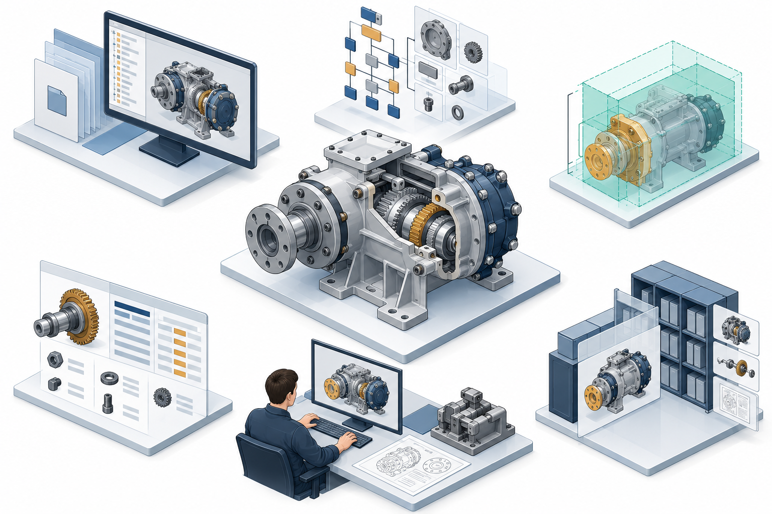 Illustration of a CAD assembly surrounded by distinct exchange evidence stations for structure, property comparison, task use, and retrieval.