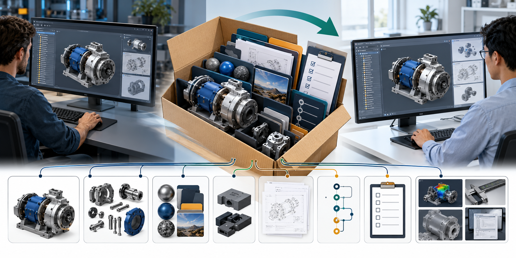 A CAD handoff package groups the primary model with dependencies, route context, and evidence for recipient-side checks.