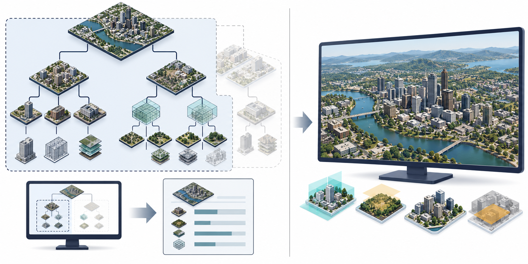 A selected 3D Tiles hierarchy and its resource boundaries are checked separately from resolving and viewing the delivery in a recipient client.