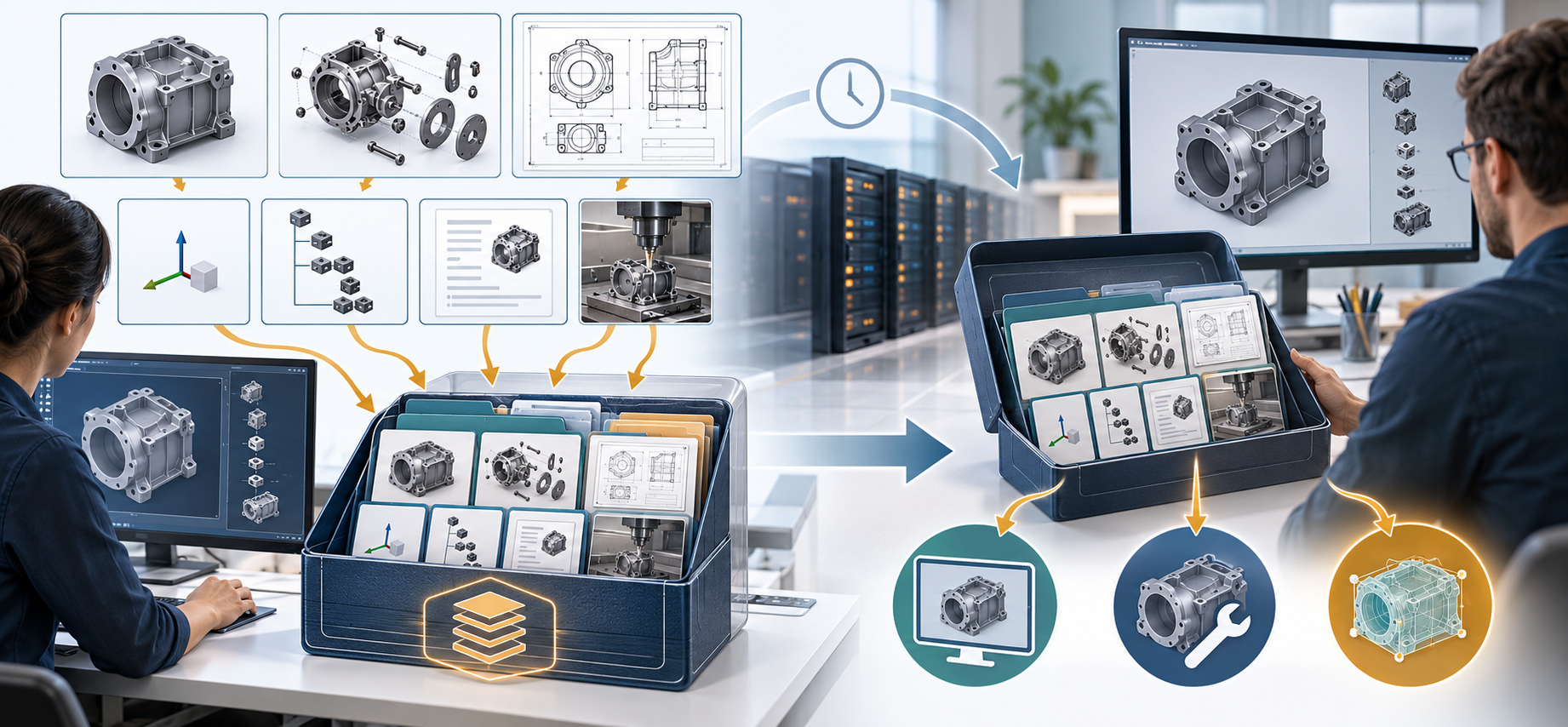 A mechanical design, its relationships and context are retained together for later retrieval and separate interpretation, use, and editing checks.