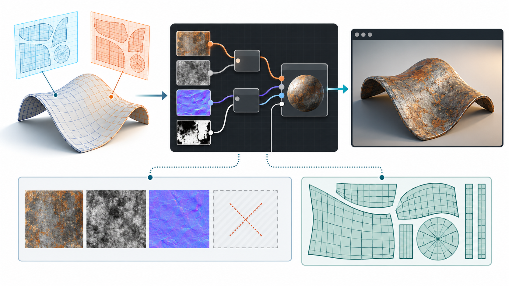 Appearance exchange links mesh UVs, texture resources, material networks, and the receiver rendering context.